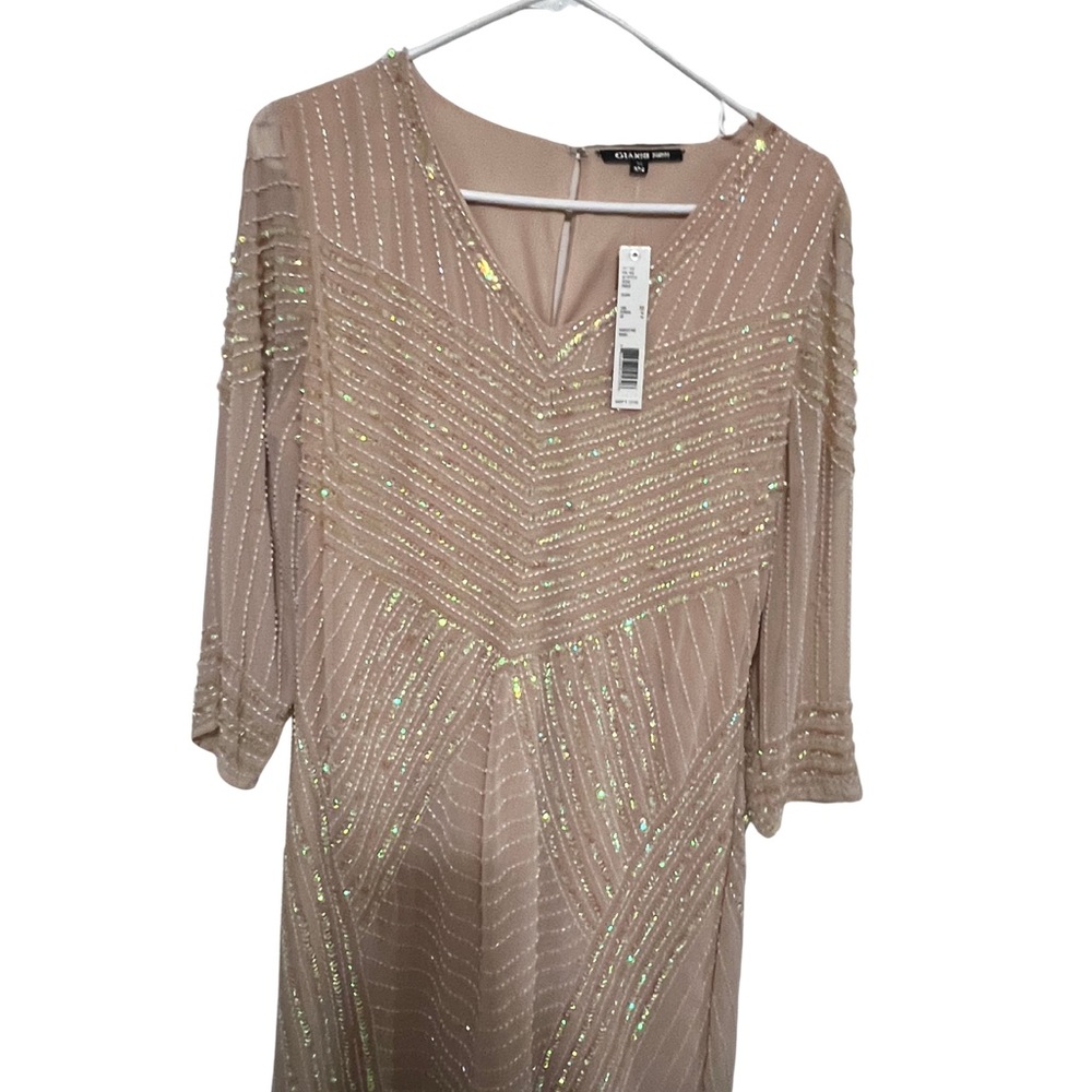 Adrianna Papell Long Sleeve Sequin Dress in Beige